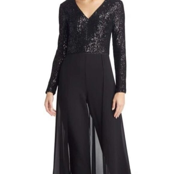 Eliza J Sequin Bodice Long Sleeve Overlay Jumpsuit In Black I.NWT - Picture 1 of 9